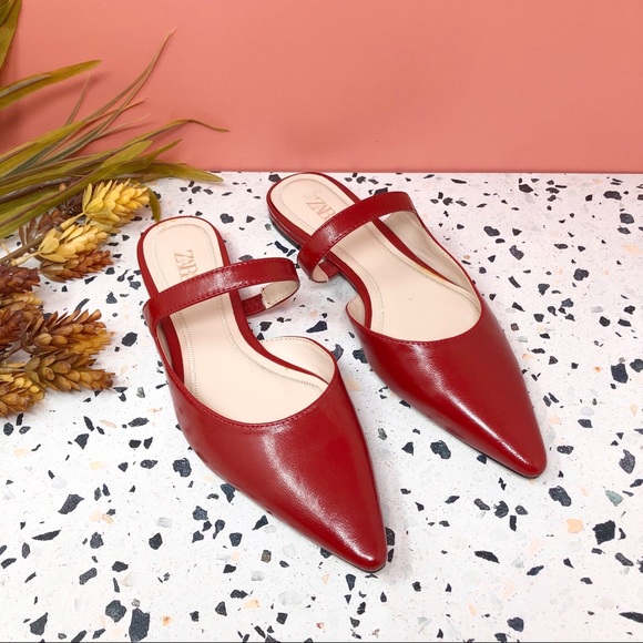 Zara Shoes - NEW Zara Pointed Asymmetrical Red Mule Pointed Flats Sz 35
